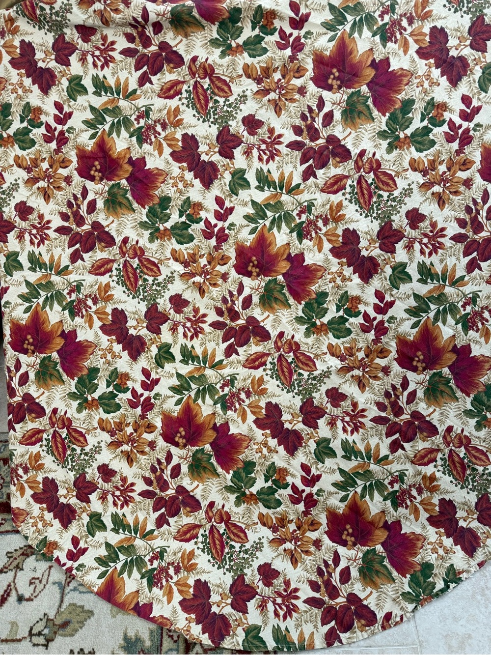 Autumn Floral Linen Tablecloth - Red, Green & Gold 65” Round